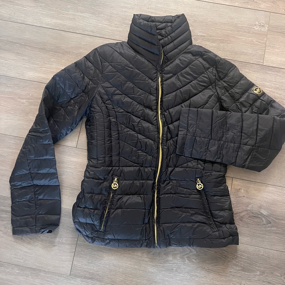 Michael Kors Black Puffer Jacket with Gold Accents